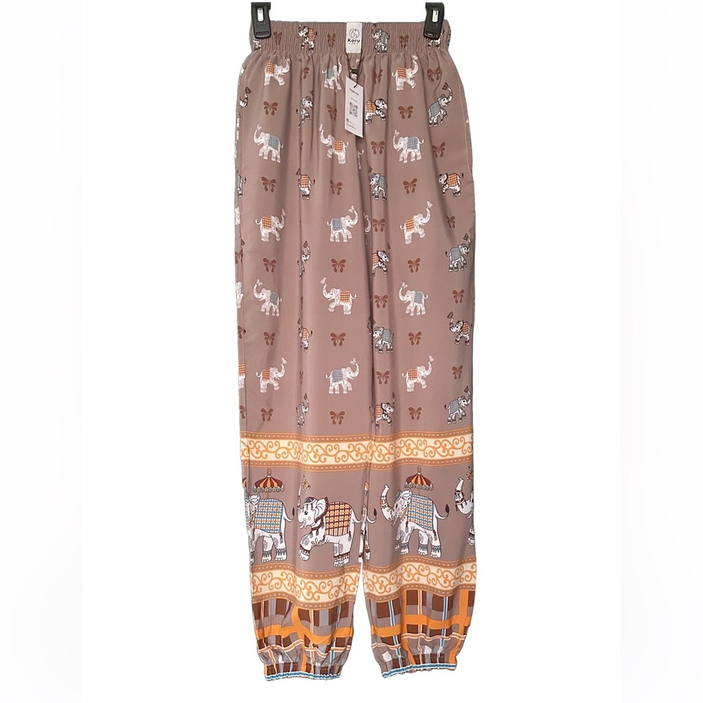 Koru Elephant Print Pants Taupe size small.